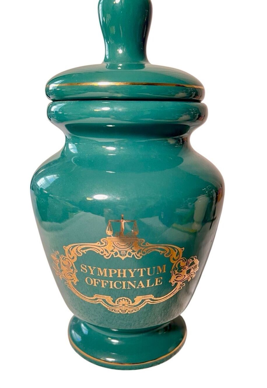VTG Eli Lilly Ceramic Green Gold Trim Apothecary Jar Symphytum Officinale #19/19